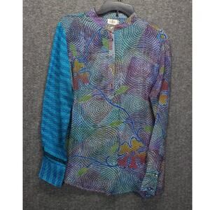 Cofur Womens Silk Colorful Print Long Sleeve Pullover Blouse Top Blue S M